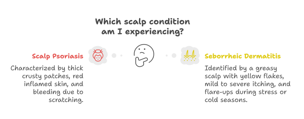 Symptoms of scalp psoriasis vs seborrheic dermatitis explained by hair specialist Dr. Tanveer Fatima at ACE Clinic, Roorkee.