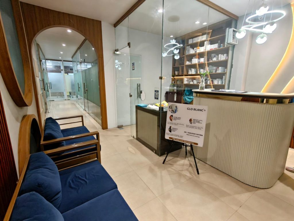 Renovated reception area of Ace Clinic Roorkee showcasing modern interior design and welcoming space at the clinic of Dr. Tanveer Fatima, best dermatologist in Roorkee.