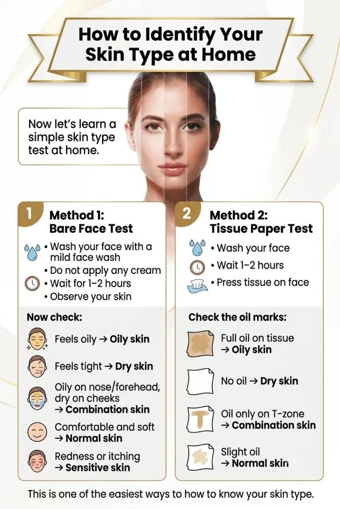 Step-by-step guide showing how to identify your skin type at home using the bare face test and tissue paper test by a dermatologist in Roorkee.