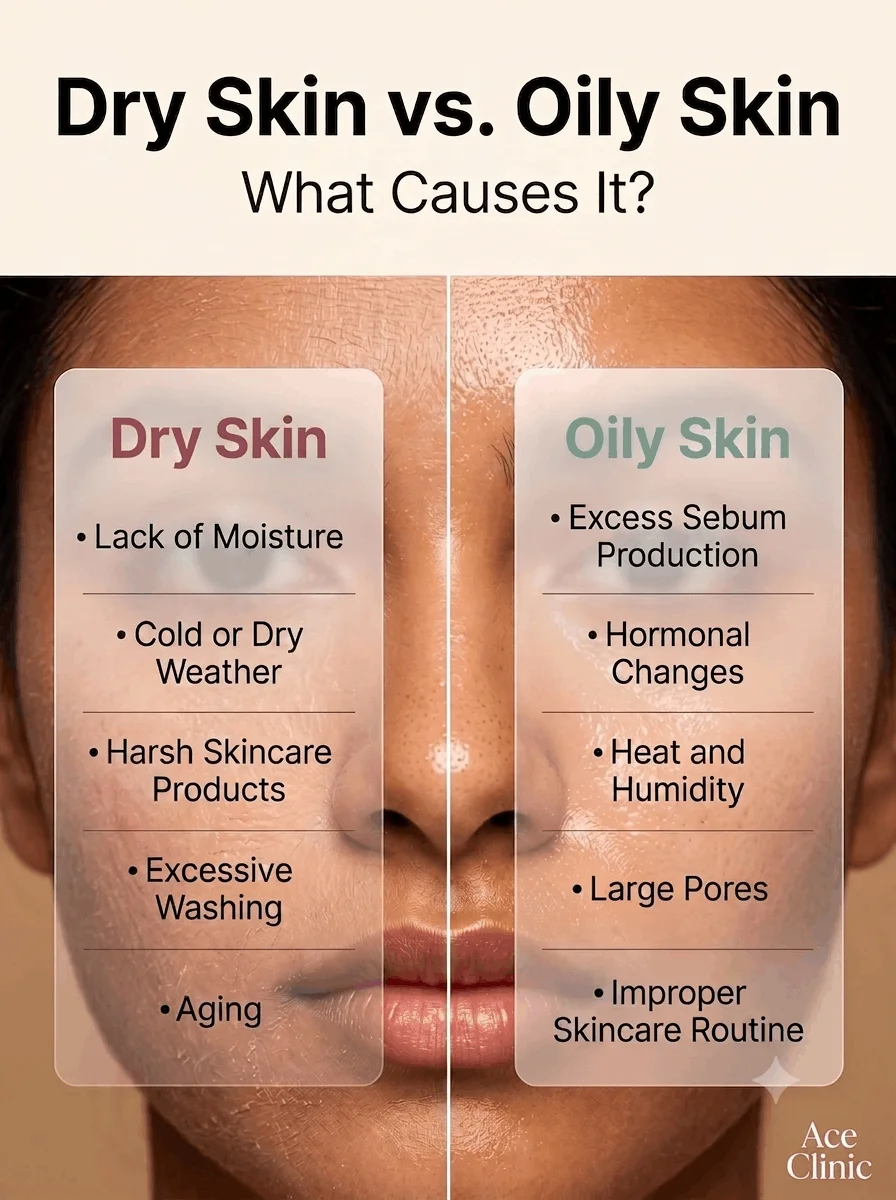 Infographic explaining how to know your skin type by comparing dry skin and oily skin, including causes and symptoms by a dermatologist in Roorkee.