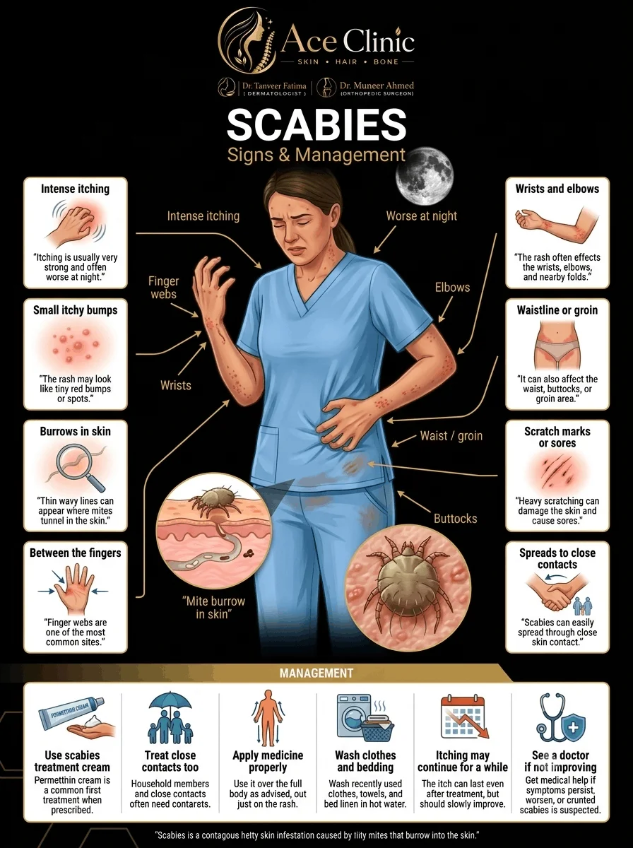 Scabies Treatment in Roorkee - Signs & Management | Ace Skin and Hair Clinic Infographic on scabies signs and management by Dr. Tanveer Fatima at Ace Skin and Hair Clinic, showing scabies treatment in Roorkee